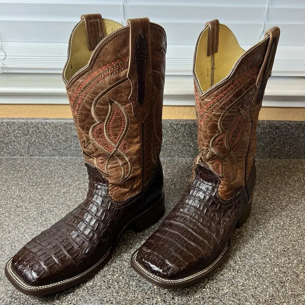 El Malcreado Hornback Brown Leather/Alligator Embroidered Boots Men MEX 28 US 10